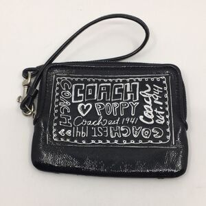 Coach Poppy Black Patent Leather Square Wristlet with Metallic Silver Lettering